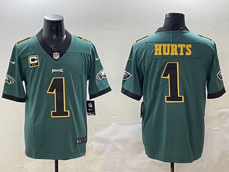 Men Philadelphia Eagles #1 Hurts Green gold 2025 Nike Vapor Limited NFL Jersey style 1
